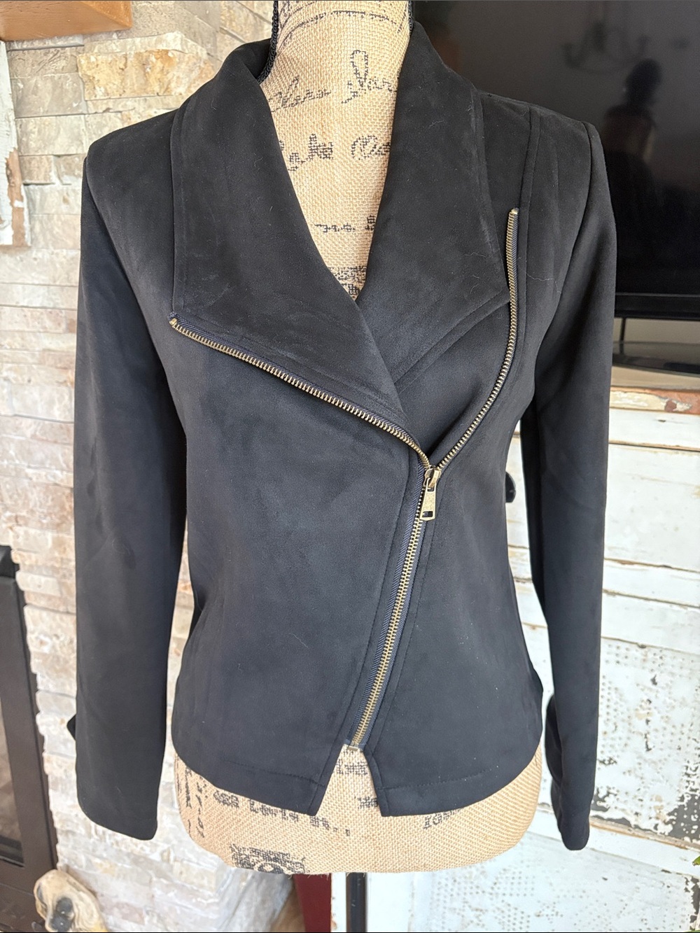 Blu pepper black faux suede side zip moto jacket with gold zip